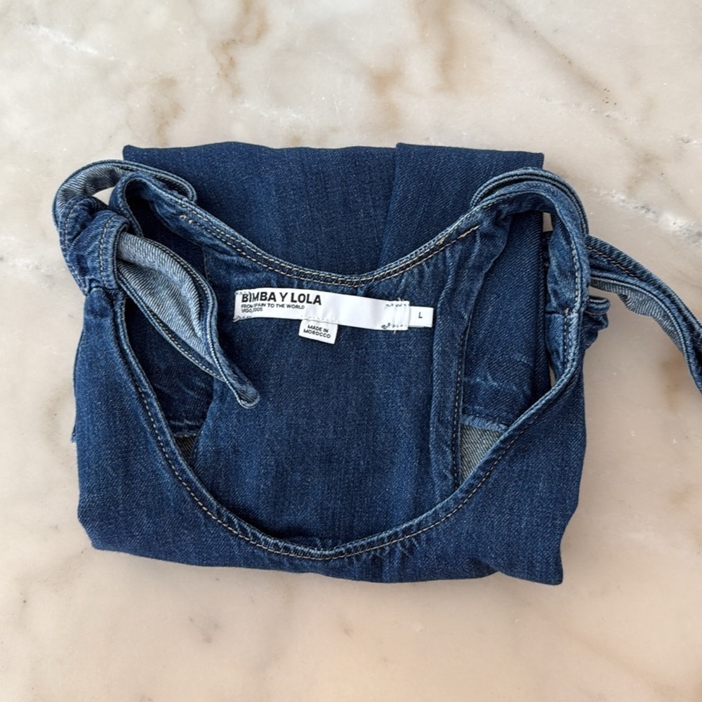 Bimba Y Lola Dark blue denim top Blue Denim Tie-Shoulder Top Sz L - Picture 12 of 12